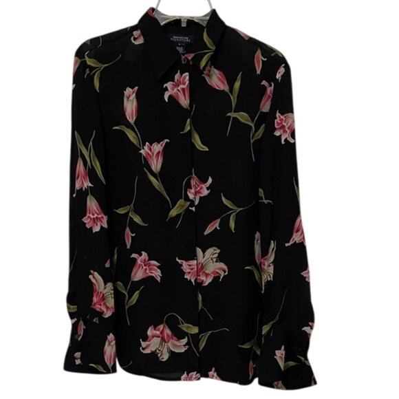 Jones New York Signature Black Silk Floral Blouse Womens Size Large French Cuffs - Picture 1 of 11